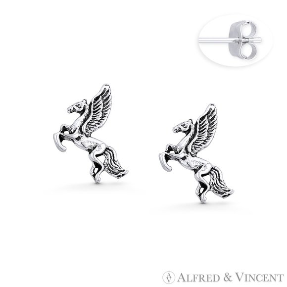 Rearing Pegasus Greek Mythology Charm Stud Earrings in .925 Sterling Silver - Picture 1 of 1